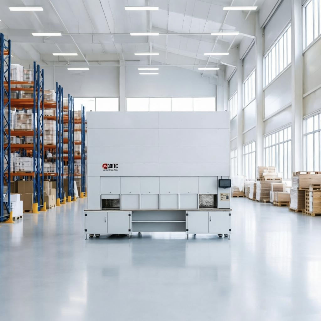 Sistema de armazenamento vertical tipo carrossel inteligente com capacidade de carga de 200 kg, ideal para soluções de armazenamento automatizado em armazéns industriais.