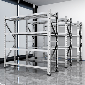 Prateleira industrial ajustável sem parafusos com capacidade de 200 kg, em aço inoxidável 304, para uso pesado em armazéns, com proteção contra corrosão.