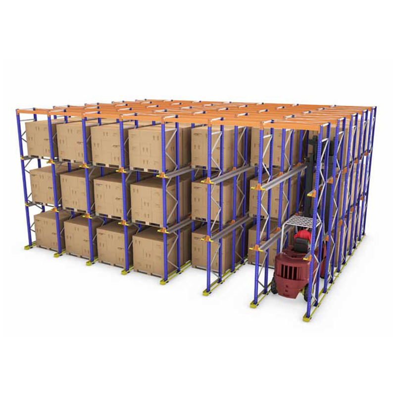 Sistema de estantes drive-in para atacado, em aço metálico sem parafusos, para armazém, com entrada dupla para paletes.