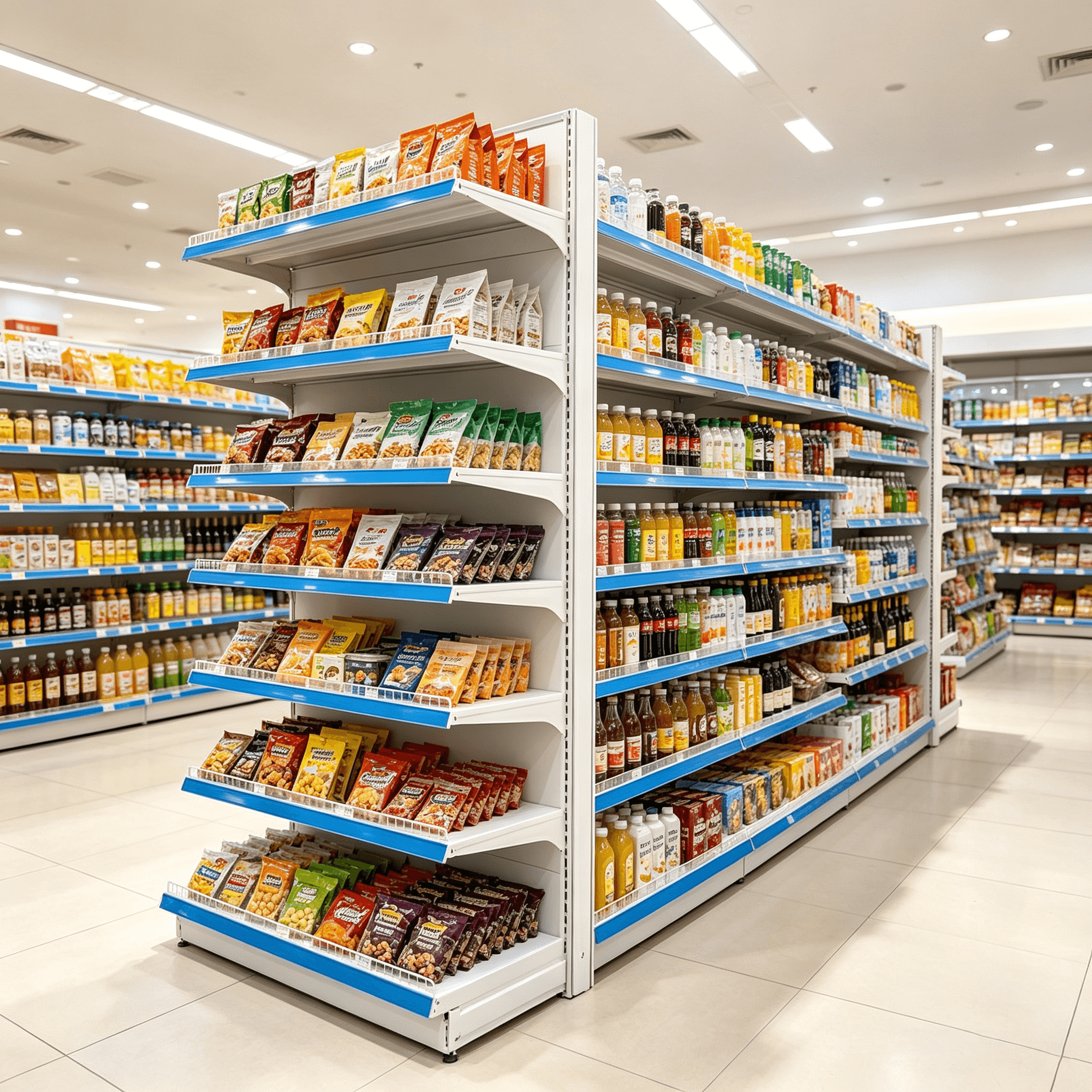 Sistema de prateleiras de supermercado de metal de alta qualidade com dupla face e várias prateleiras, acessórios personalizados, 450 mm de profundidade, 350 mm de altura, 1000 mm