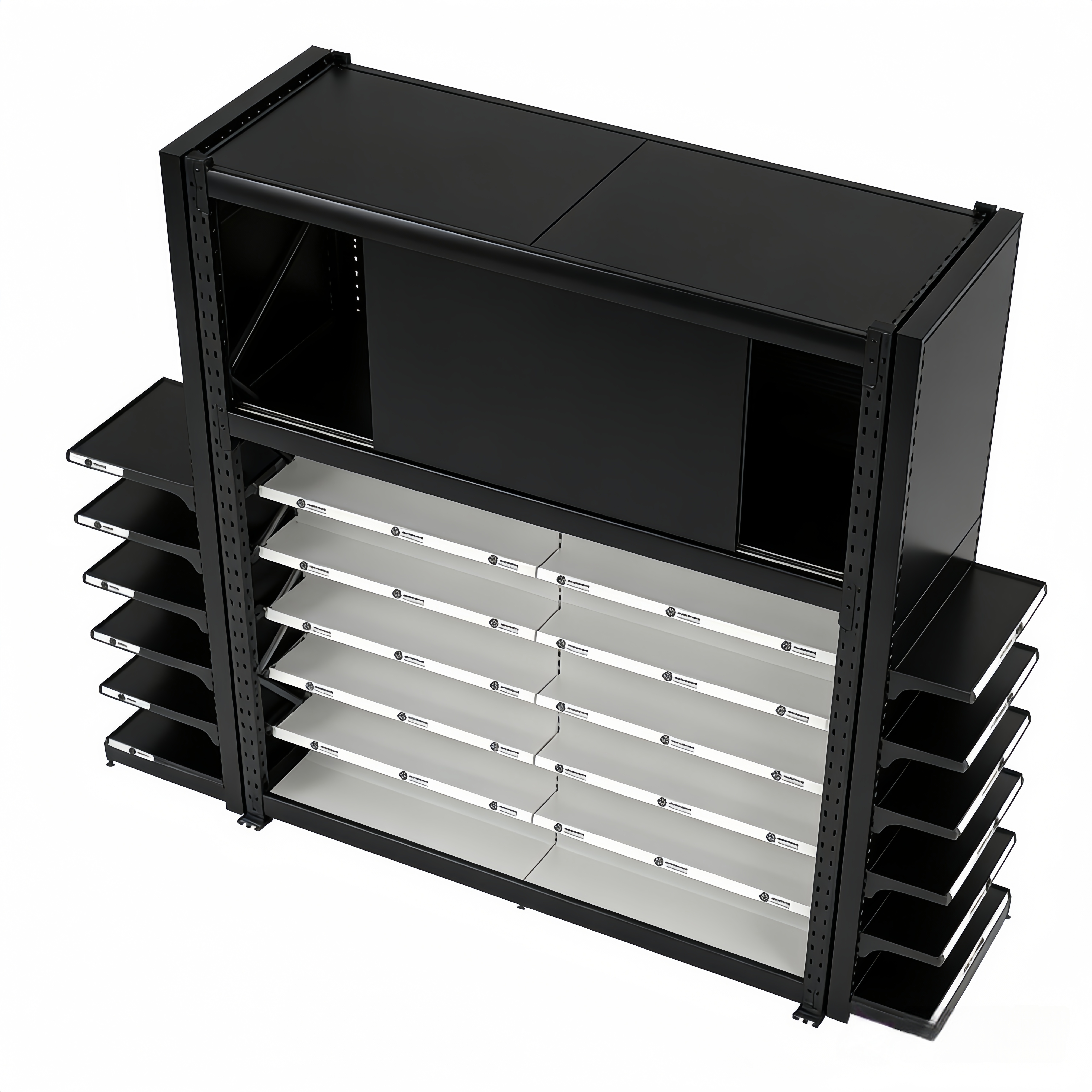 Sistema de estantes de armazenamento de armazém multicamadas, ajustáveis, leves e de dupla face, com capacidade de 150 kg por camada e camadas personalizáveis.
