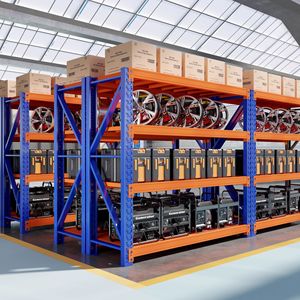 Sistema de estantes industriais de aço reforçado, ajustáveis ​​e sem parafusos, com certificação CE e proteção contra corrosão. Ideal para armazenamento em armazéns.