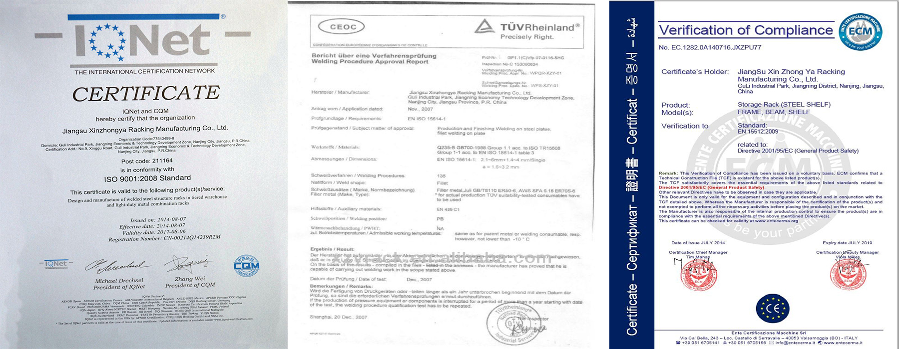 Certificados de Qualidade CE ISO9001 TUV