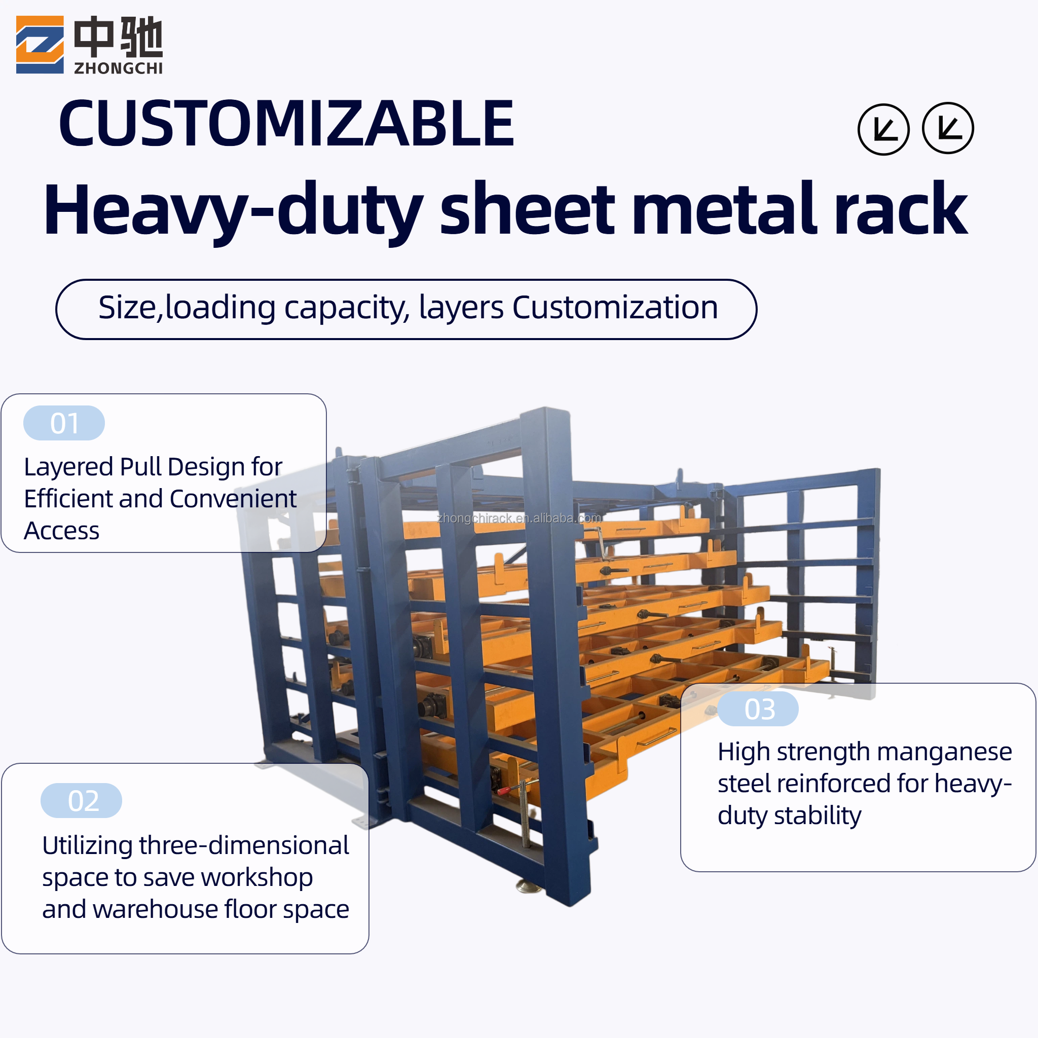 Sistema de estanteria para paletes de armazém, resistente e durável, em chapa de aço, com gavetas antiferrugem, para armazenamento industrial.