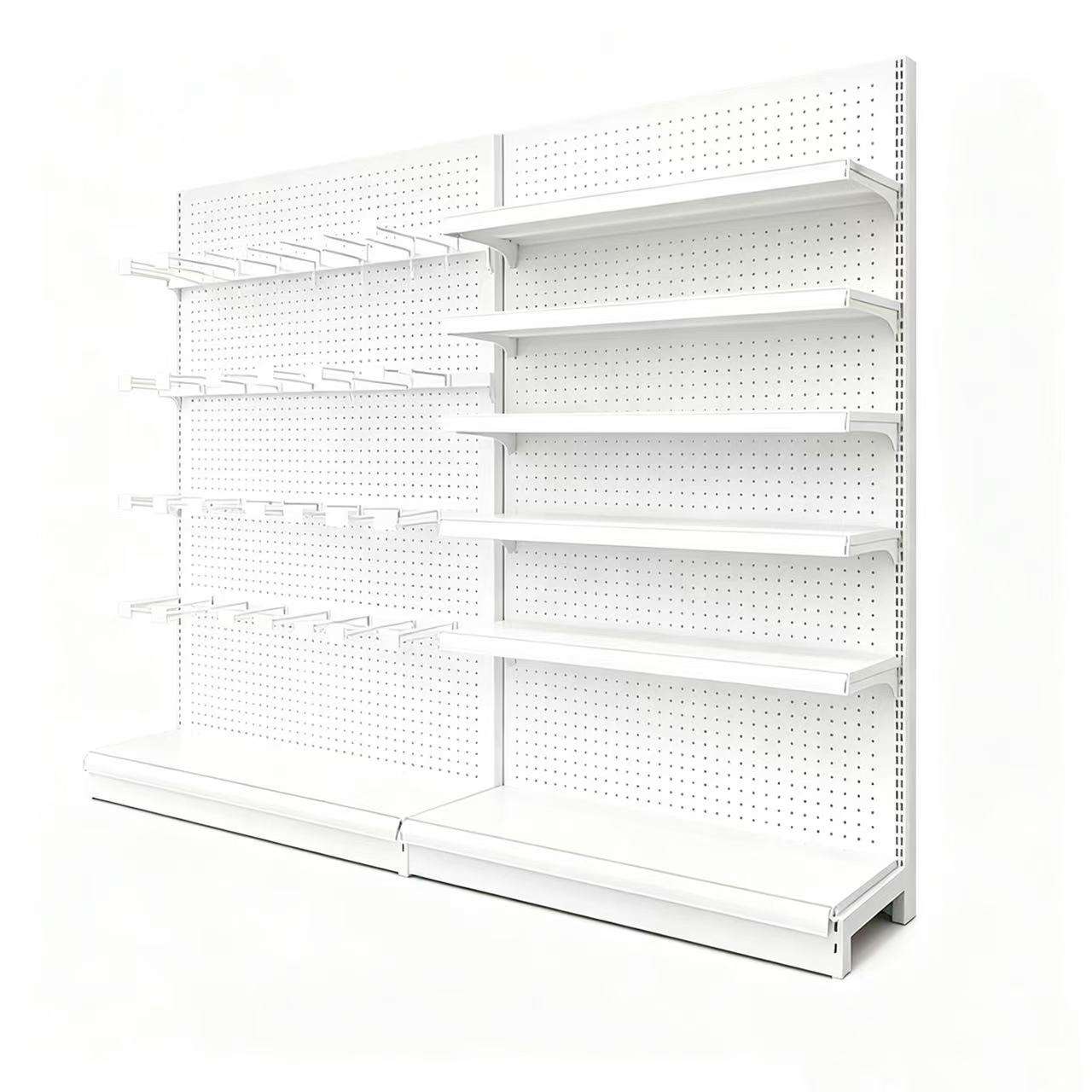 Prateleira metálica reforçada para supermercado, dupla face, com 1 prateleira, profundidade ajustável de 400 a 600 mm e altura de 1500 a 1900 mm.
