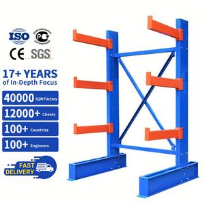 Sistema de estante cantilever resistente e durável, com 4 camadas de metal para armazenamento de tábuas e madeira, em armazéns com estrutura de tubos de aço.