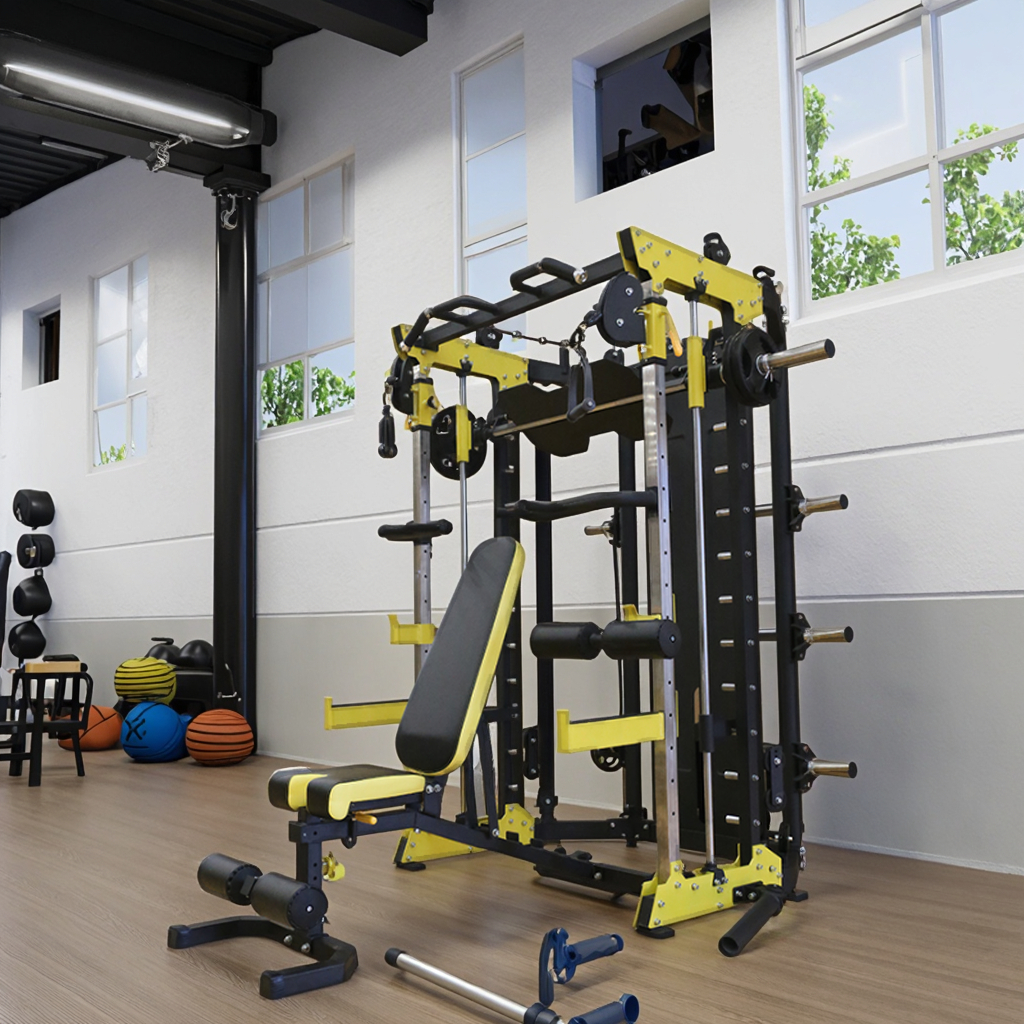 Equipamento multifuncional de ginástica com cabo para exercícios corporais, incluindo rack de agachamento e musculação, além de máquina Smith de aço.