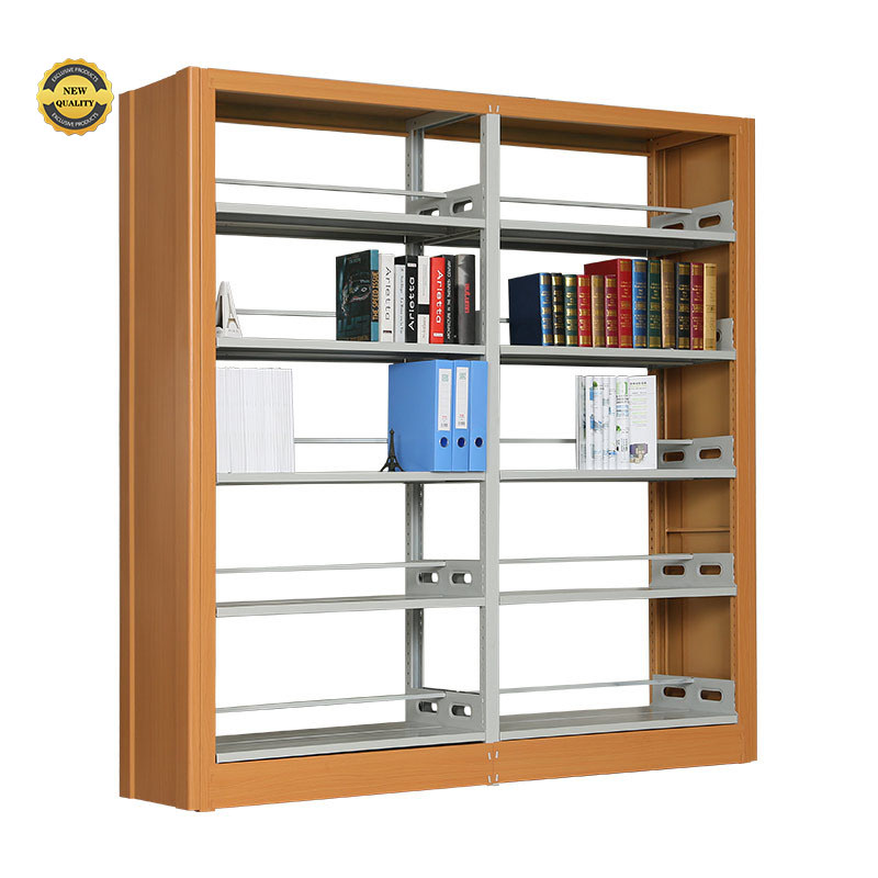 Móveis escolares universitários, estante de biblioteca dupla face em aço, prateleiras de livros em metal, design moderno e elegante em ferro.