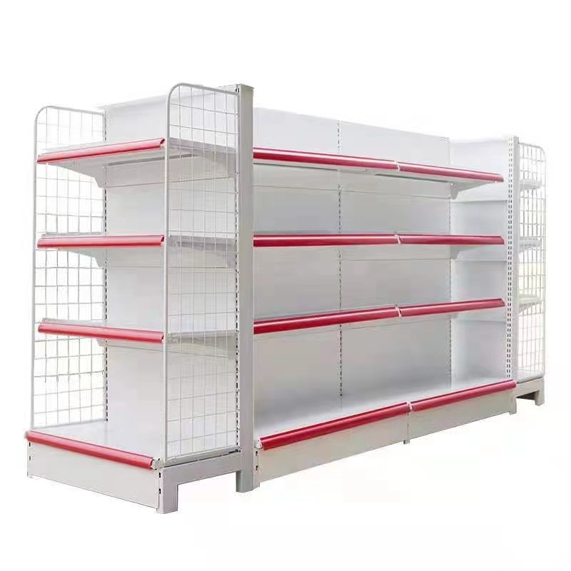 Prateleiras expositoras para supermercados, gôndolas, prateleiras resistentes de metal para lojas, leves, tamanhos personalizados, diversos produtos.
