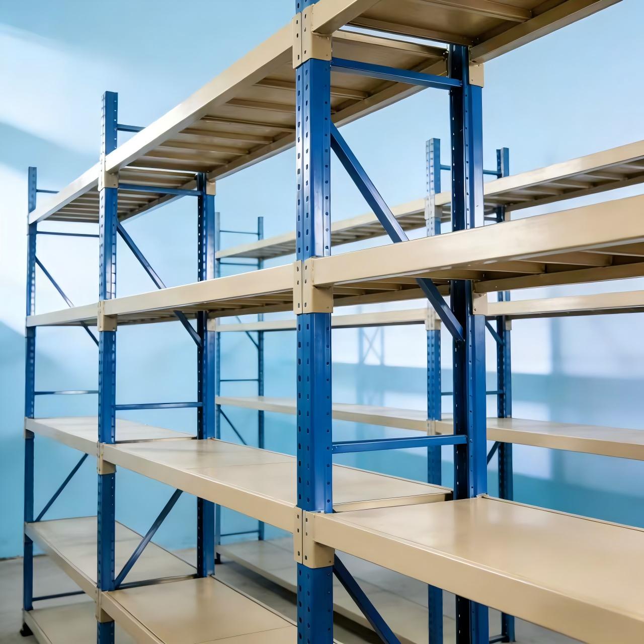 Sistema de estantes industriais de metal para armazenamento, reforçado, com 4 camadas, em aço, para armazéns. Prateleiras para paletes com múltiplos níveis.