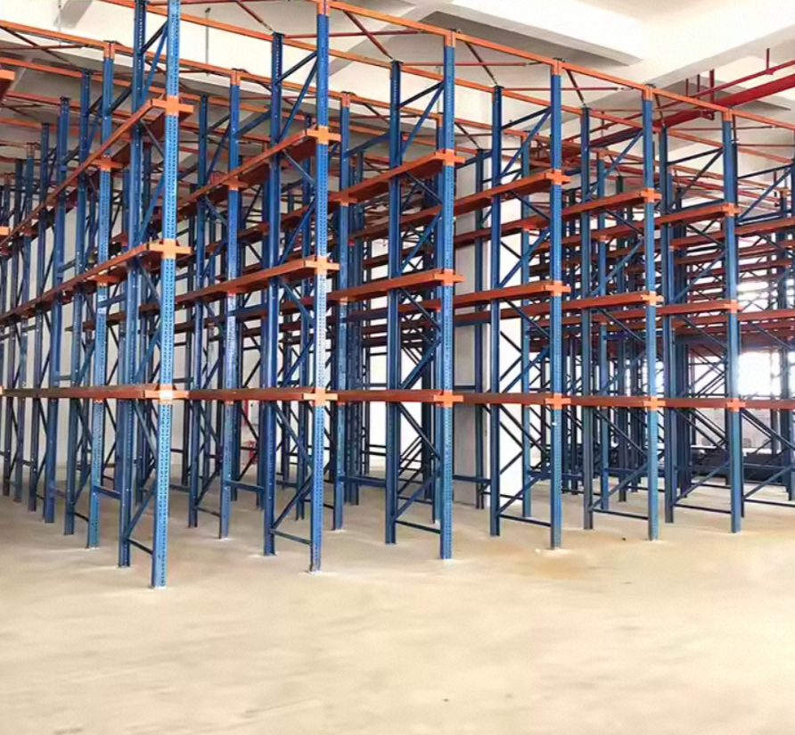 Estante porta-paletes ajustável de alta qualidade com passagem direta, sistema de estanteria industrial Drive-In para armazéns, estante dobrável de metal para armazenamento.