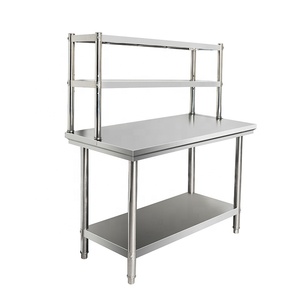 Mesa de preparação comercial longa em aço inoxidável 304 de qualidade alimentar com prateleiras para supermercados.