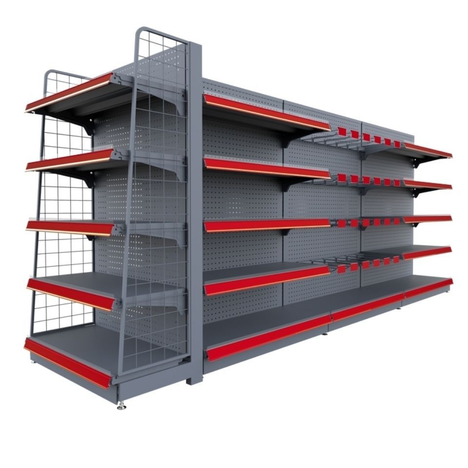 Prateleiras expositoras para supermercados, gôndolas, prateleiras resistentes de metal para lojas, leves, tamanhos personalizados, diversos produtos.