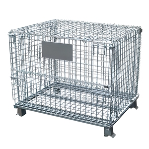 Contêineres de malha de arame galvanizado dobráveis, paletes de aço reforçado para transporte de carga e armazenamento em armazéns.