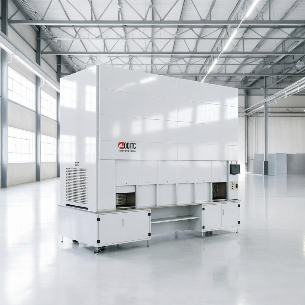 Sistema de armazenamento vertical tipo carrossel inteligente com capacidade de carga de 200 kg, ideal para soluções de armazenamento automatizado em armazéns industriais.