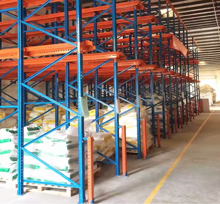 Estante porta-paletes ajustável de alta qualidade com passagem direta, sistema de estanteria industrial Drive-In para armazéns, estante dobrável de metal para armazenamento.