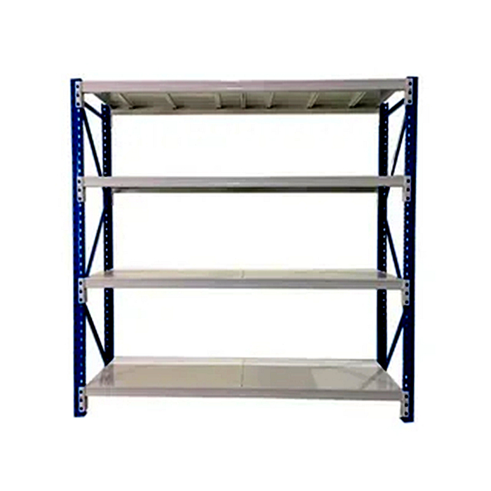 Sistema de estantes de aço reforçado, prateleiras industriais de alta resistência para manuseio de grandes volumes, armazenamento durável em metal.