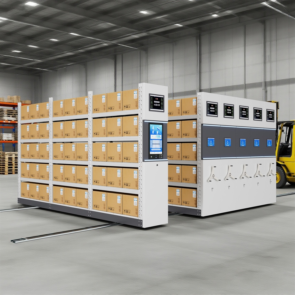 Estante de armazenamento inteligente e robusta em aço, com recursos móveis e de travamento. Equipamento de prateleiras industriais para armazém e oficina.