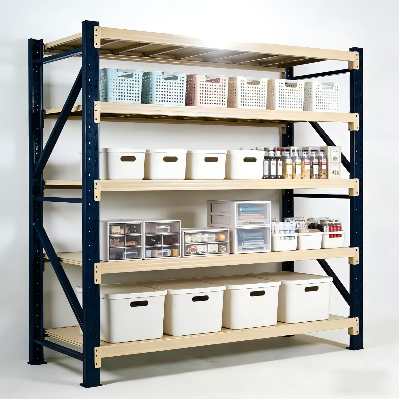 Sistema de estantes industriais de metal para armazenamento, reforçado, com 4 camadas, em aço, para armazéns. Prateleiras para paletes com múltiplos níveis.