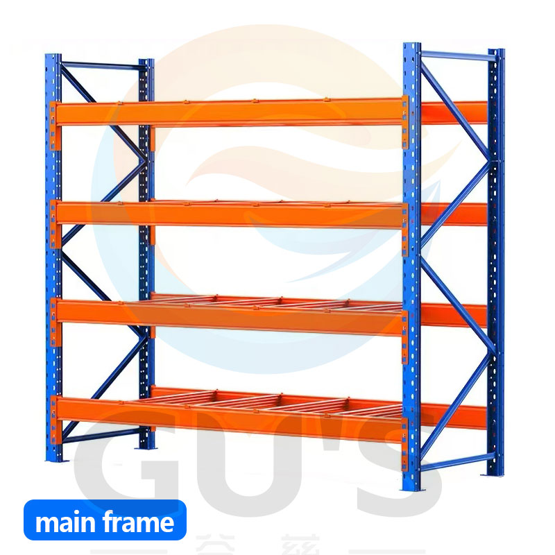 Sistema de estantes porta-paletes para armazém, estrutura industrial reforçada em metal, prateleiras para armazenamento e empilhamento de paletes.
