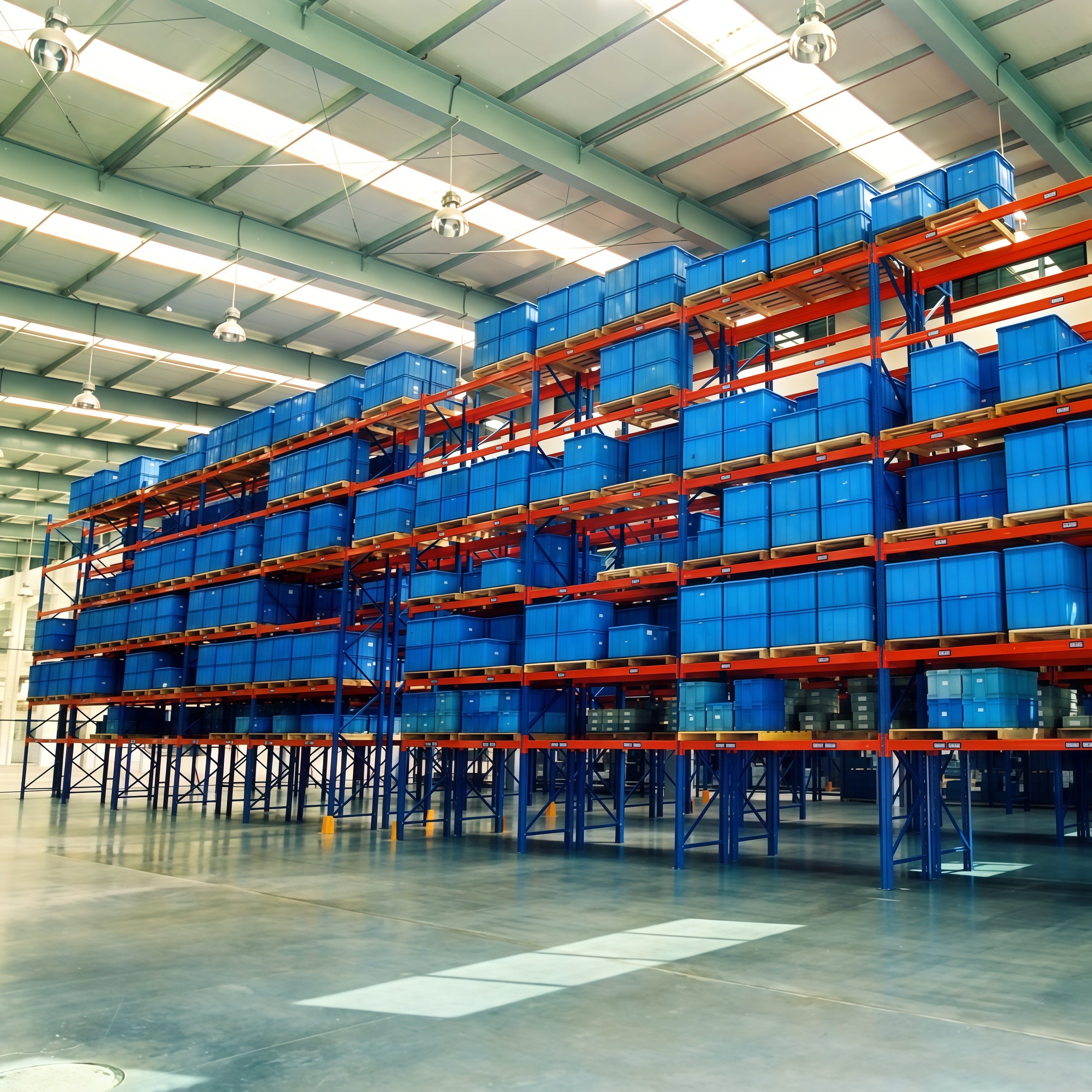 Estante metálica industrial reforçada com estrutura de parafusos e acabamento em pintura eletrostática a pó para armazenamento em armazéns.