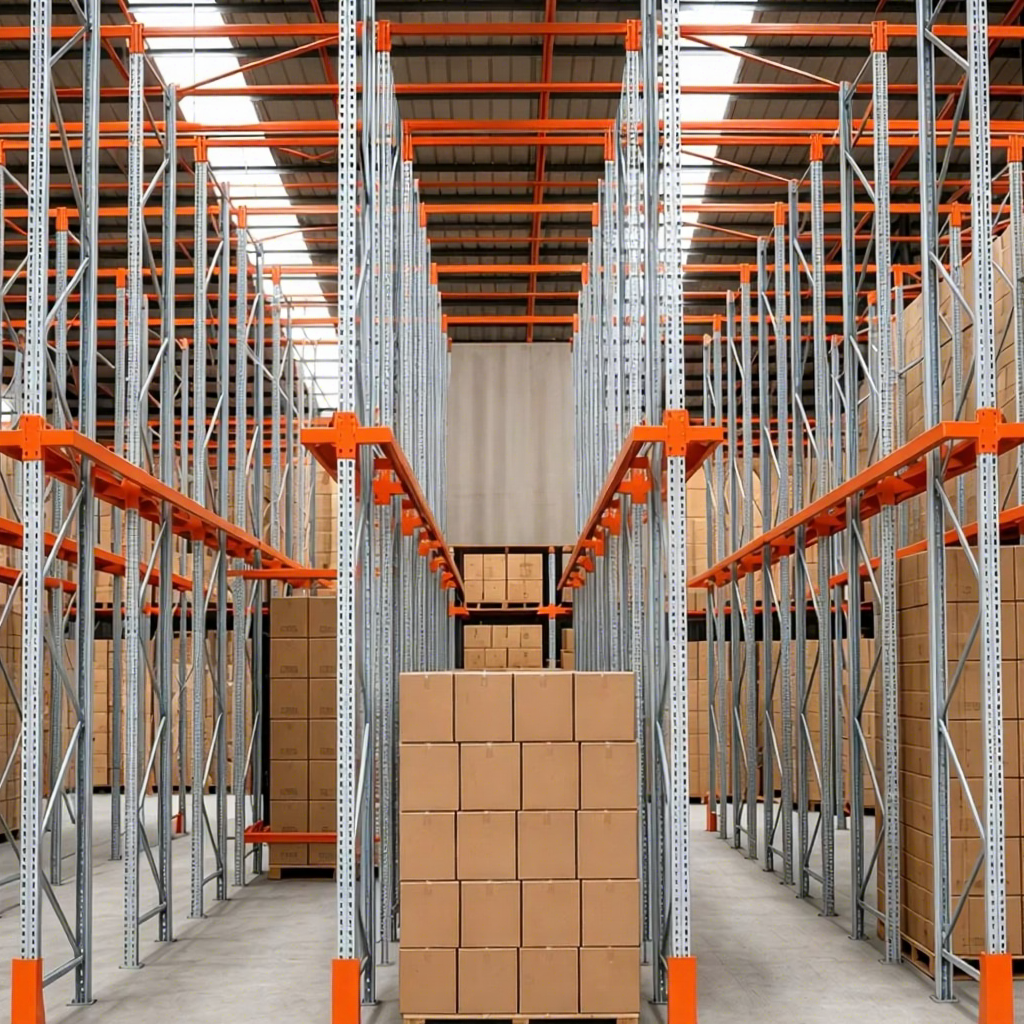 Sistema de estanteria de paletes de alta densidade com capacidade de 1000 kg por camada, para uso industrial pesado, em aço, com sistema drive-through.
