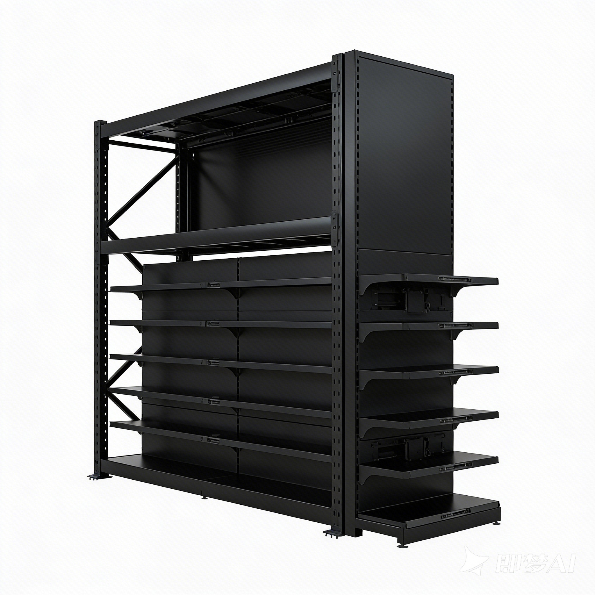 Sistema de estantes de armazenamento de armazém multicamadas, ajustáveis, leves e de dupla face, com capacidade de 150 kg por camada e camadas personalizáveis.