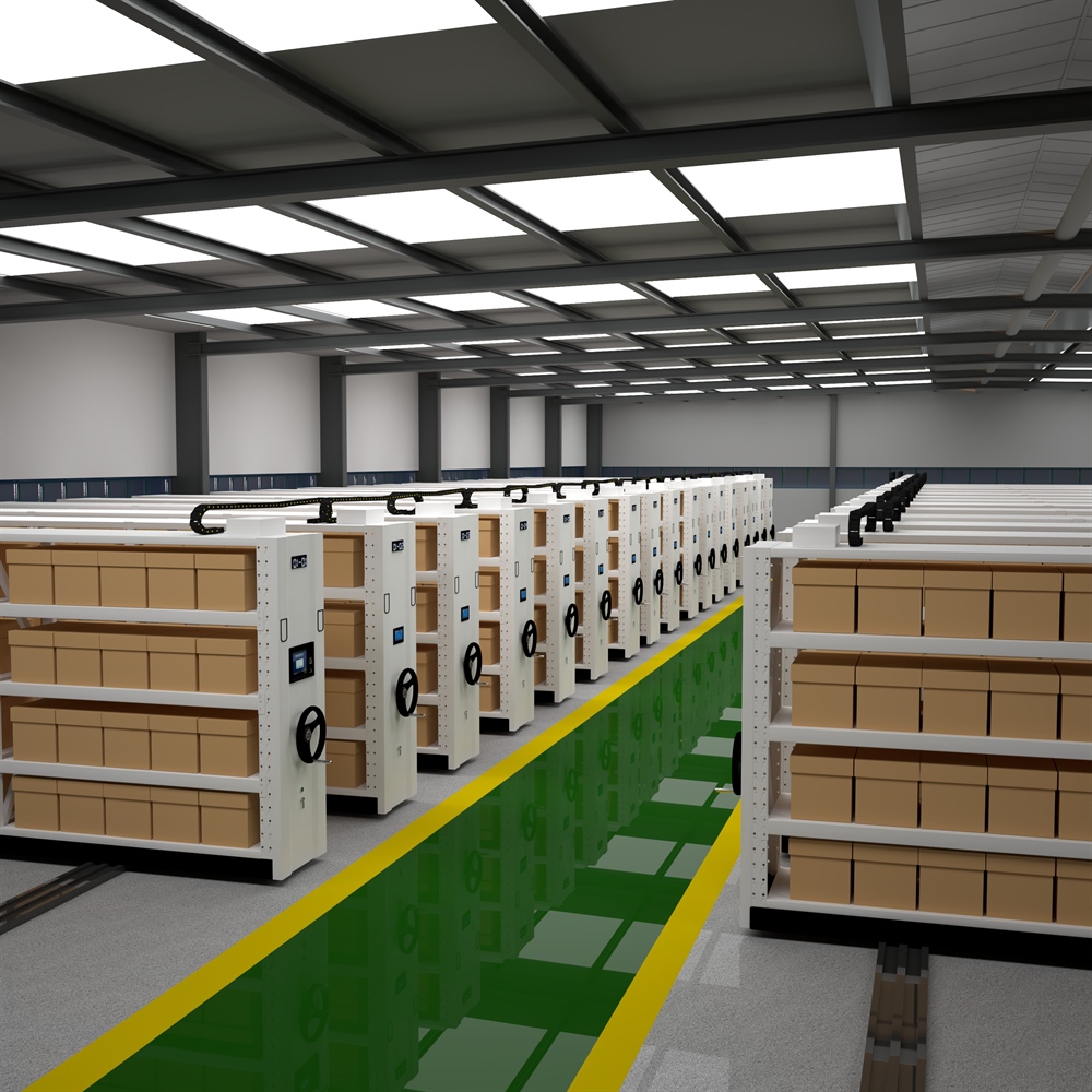 Estante de armazenamento inteligente e robusta em aço, com recursos móveis e de travamento. Equipamento de prateleiras industriais para armazém e oficina.