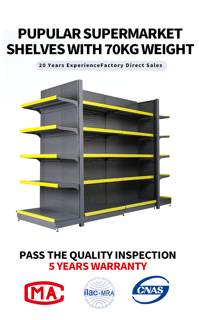 Sistema de prateleiras de supermercado de metal de alta qualidade com dupla face e várias prateleiras, acessórios personalizados, 450 mm de profundidade, 350 mm de altura, 1000 mm