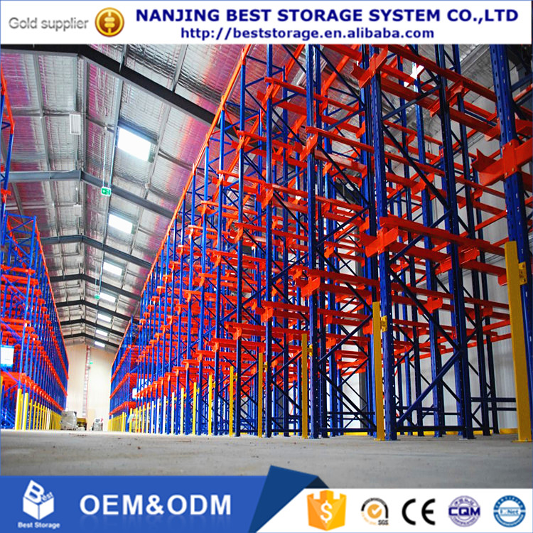 Sistema de armazenamento FIFO FILO para armazém, com certificação ISO9001 CE, estantes para paletes de alta resistência com sistema drive-in e revestimento em pó epóxi anticorrosivo.