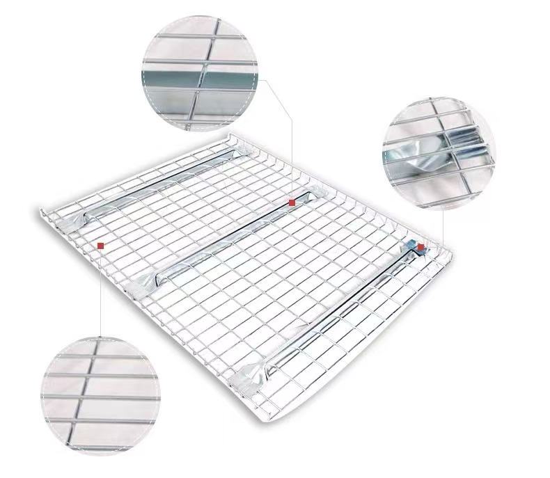 Sistema de estantes de armazém ajustáveis ​​de 5 camadas, em aço resistente à corrosão, com prateleiras de malha e porta-paletes.