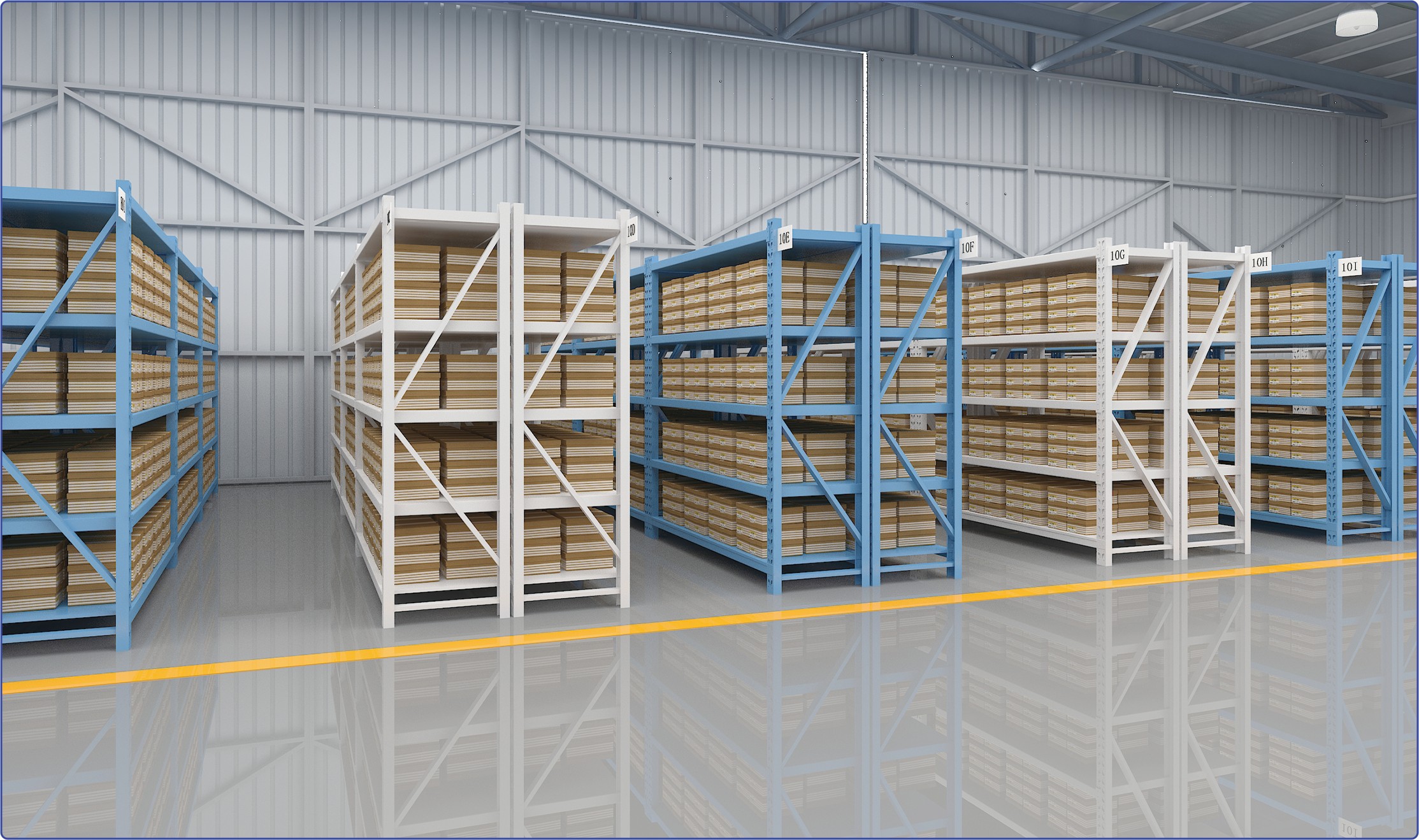 Prateleiras de armazenamento em aço leve a médio, com proteção anticorrosiva, ajustáveis ​​e com sistema cantilever, ideais para uso em garagens, armazéns e fábricas.