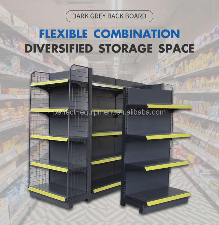 PFT PFT-04 Heavy Duty Double-Sided Metallic Supermarket Rack Epoxy Powder Coating Solid Shelf Adjustable Shelf (Depth 36-52cm)