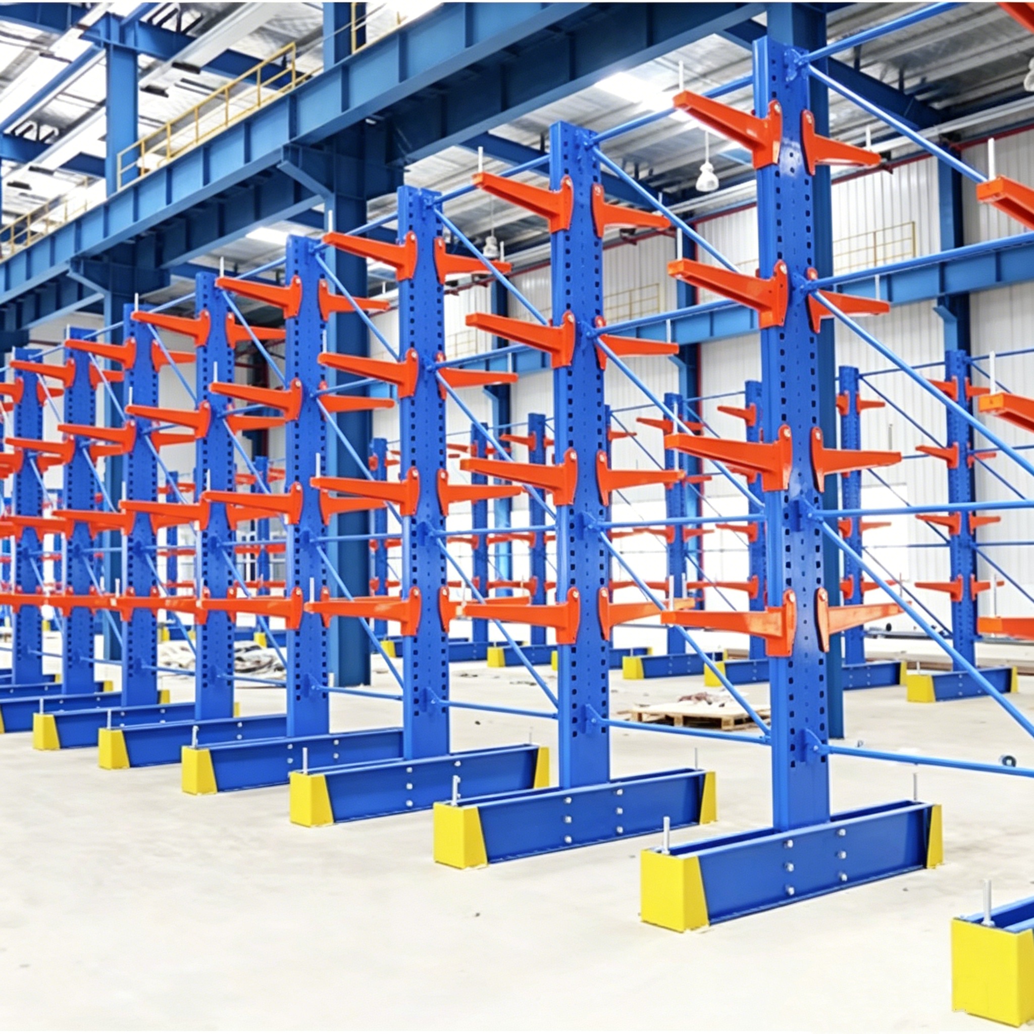 Sistema de estante cantilever resistente e durável, com 4 camadas de metal para armazenamento de tábuas e madeira, em armazéns com estrutura de tubos de aço.