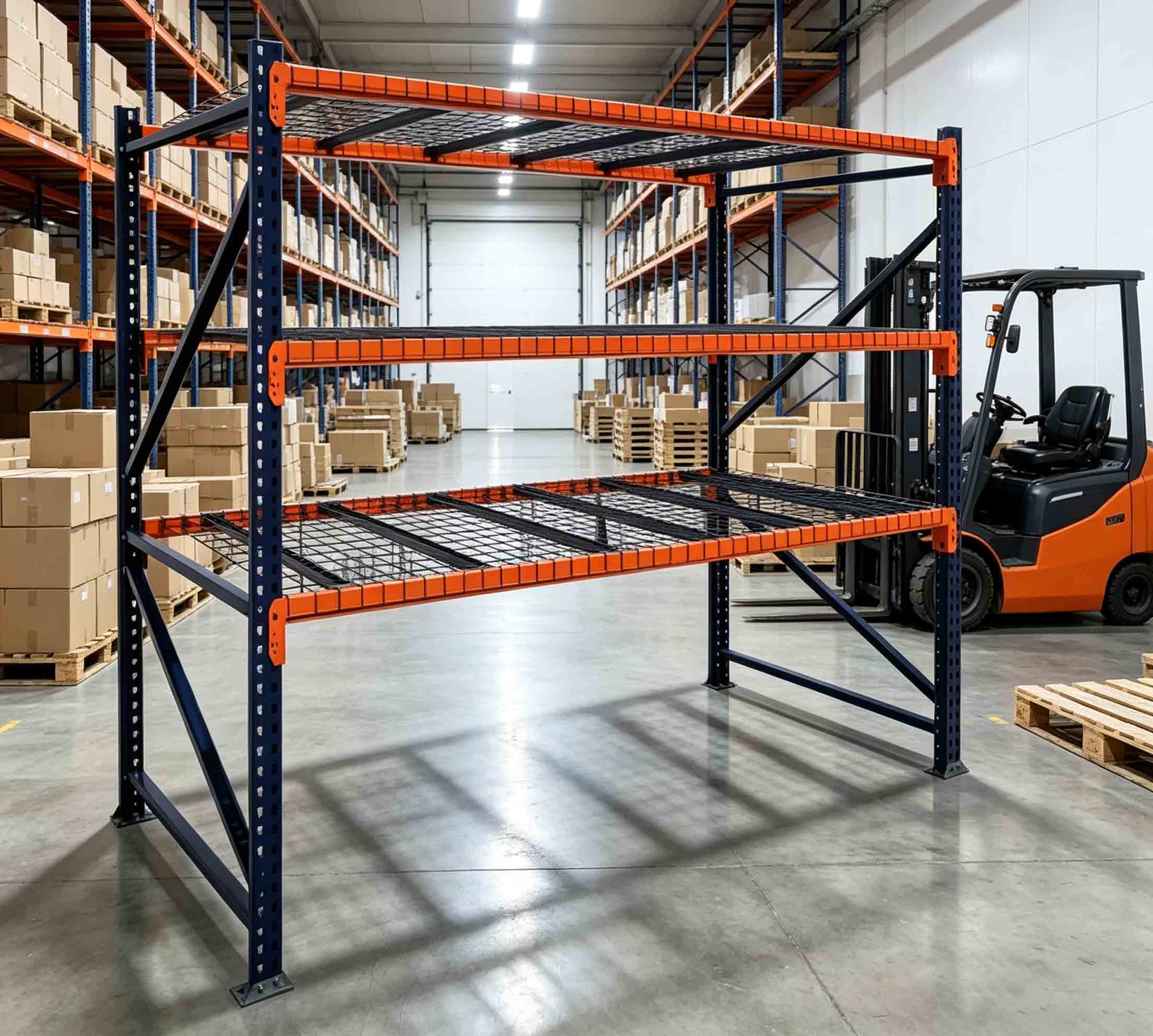 Sistema de estantes de armazém ajustáveis ​​de 5 camadas, em aço resistente à corrosão, com prateleiras de malha e porta-paletes.