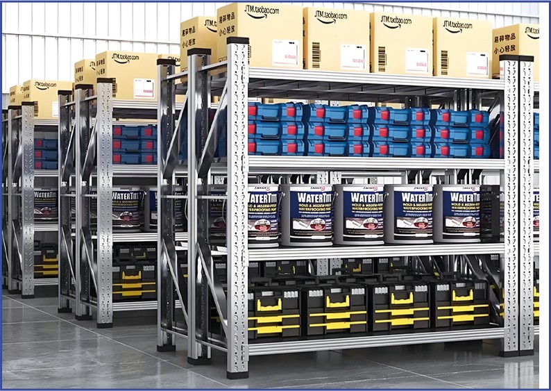 Prateleiras de armazenamento em aço leve a médio, com proteção anticorrosiva, ajustáveis ​​e com sistema cantilever, ideais para uso em garagens, armazéns e fábricas.