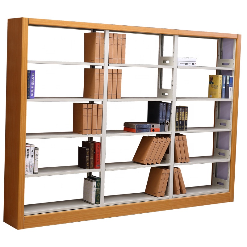 Móveis escolares universitários, estante de biblioteca dupla face em aço, prateleiras de livros em metal, design moderno e elegante em ferro.