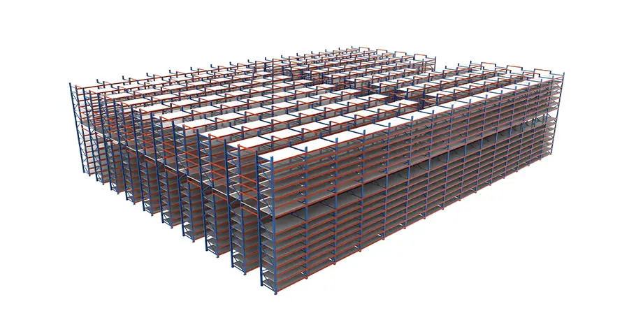 Renderização 3D de sistema de mezanino e estantes