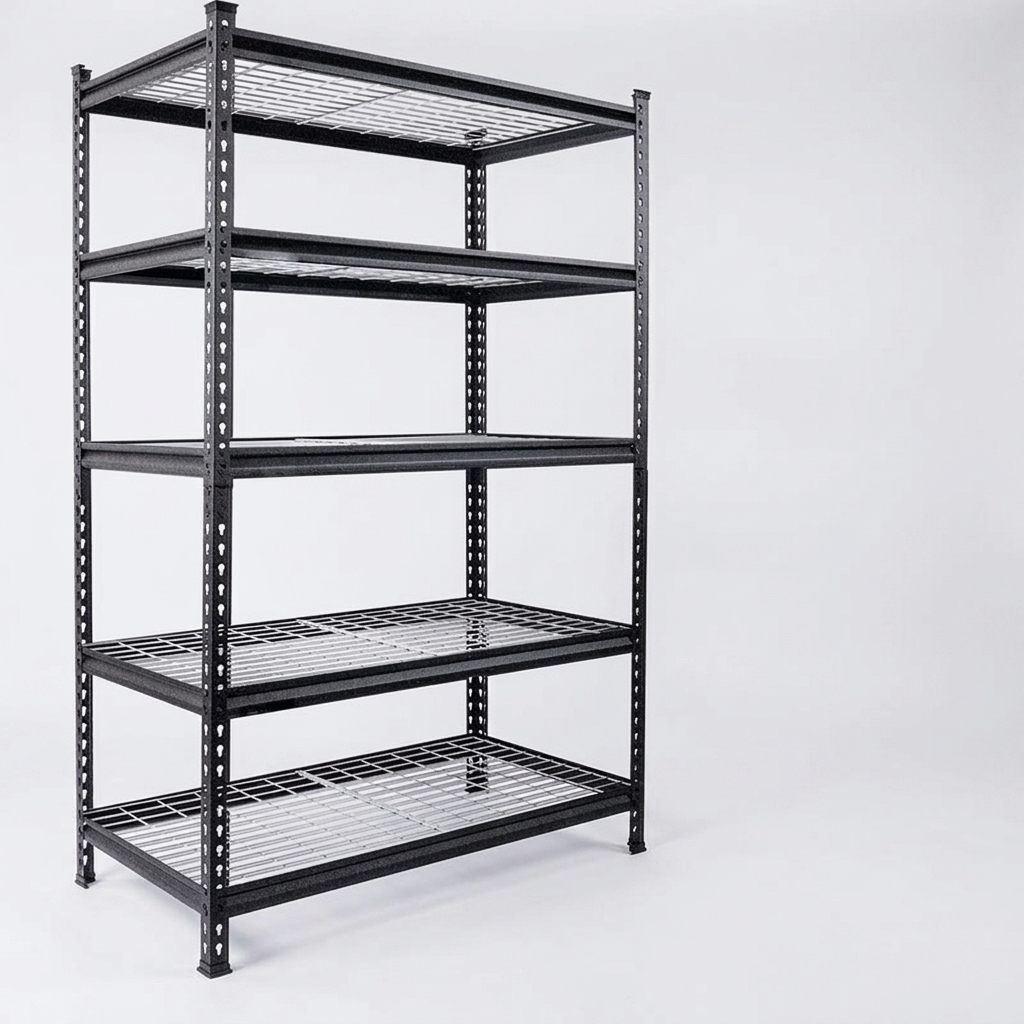 Estante metálica reforçada de 5 níveis, ajustável, para armazenamento em garagem, oficina ou armazém. Ideal para organização de lojas e armazéns.