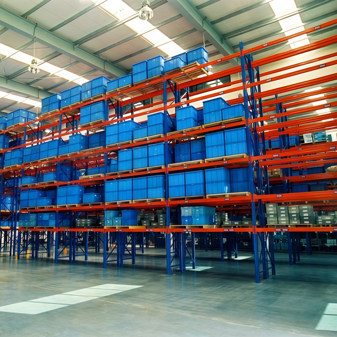 Estante metálica industrial reforçada com estrutura de parafusos e acabamento em pintura eletrostática a pó para armazenamento em armazéns.