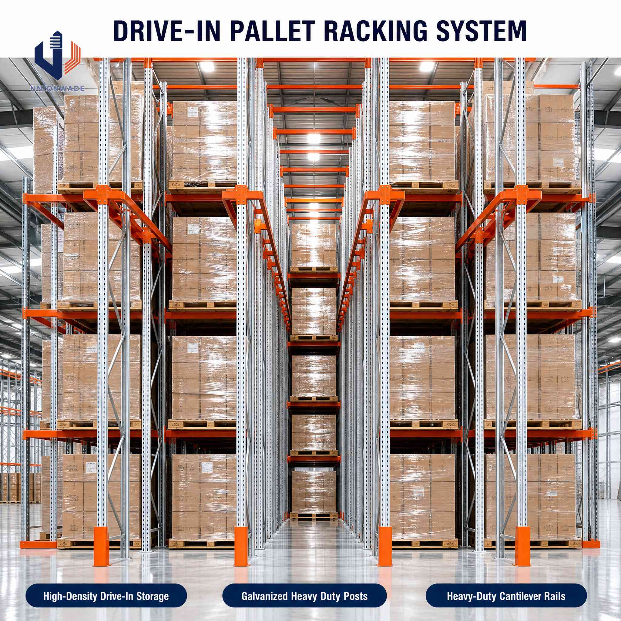 Sistema de estanteria de paletes de alta densidade com capacidade de 1000 kg por camada, para uso industrial pesado, em aço, com sistema drive-through.