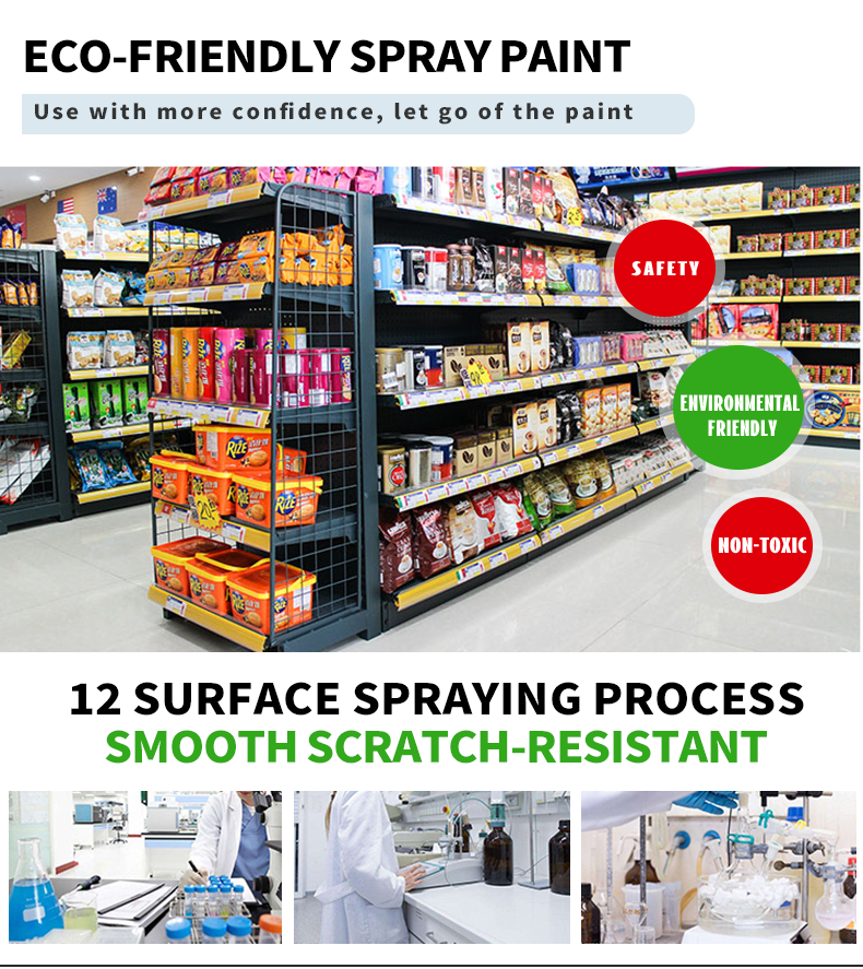 Sistema de prateleiras de supermercado de metal de alta qualidade com dupla face e várias prateleiras, acessórios personalizados, 450 mm de profundidade, 350 mm de altura, 1000 mm