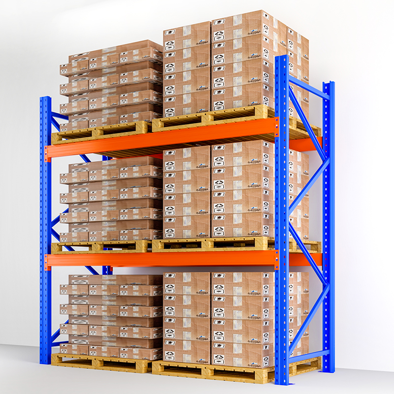 Sistema de estantes de armazenamento de paletes industriais em aço reforçado, com capacidade de carga de 5000 kg e certificação CE.