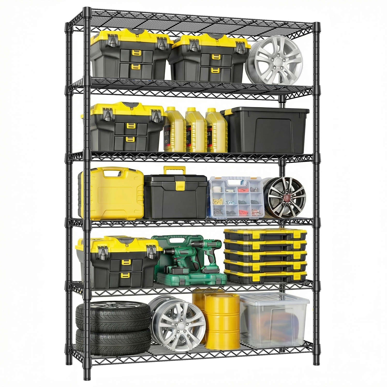 Estante de arame MZG estilo industrial, grande, com 6 prateleiras, resistente, capacidade de 2100 libras (aproximadamente 950 kg), revestida a pó, para armazenamento em garagem, sala de estar e guarda-roupa.