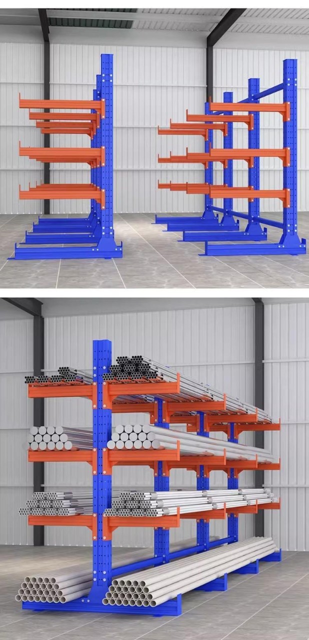 Estantes cantilever para armazém, com painéis tipo cantilever de face simples ou dupla, de grandes dimensões e em aço laminado a frio de alta resistência.