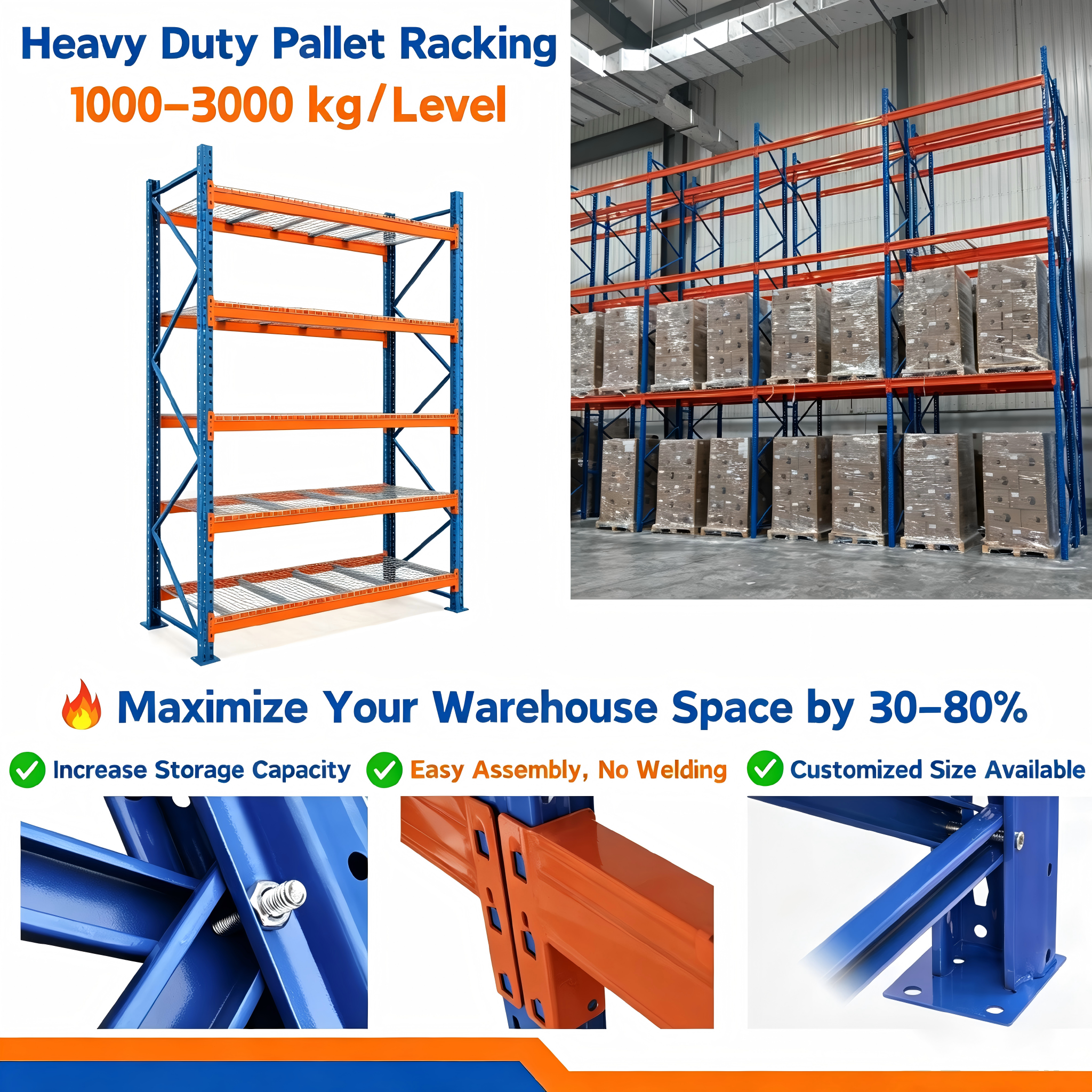 Sistema de estantes industriais de alta resistência para armazenamento, com 5 camadas, para uso em atacado. Estante metálica multicamadas para paletes, ideal para armazéns.