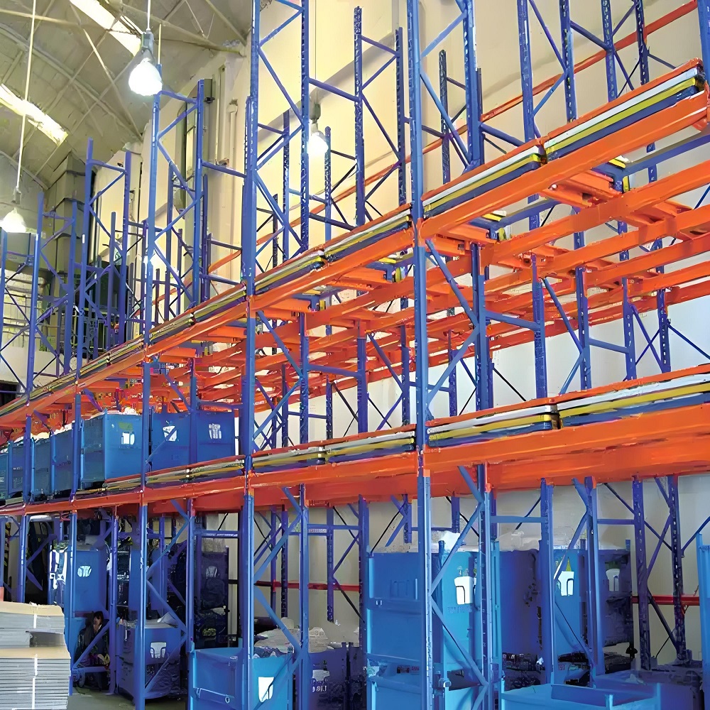 Sistema de estantes de armazenamento de alta resistência com dupla profundidade e sistema de empurrar para trás