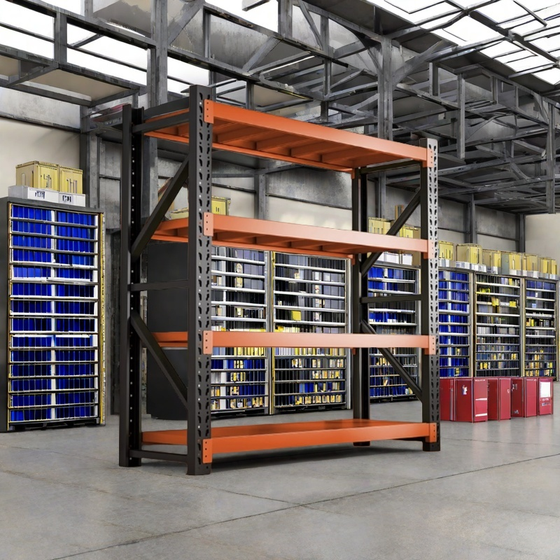 Sistema de estantes metálicas reforçadas de 4 a 5 níveis, sem parafusos, para armazenamento em garagens, armazéns e indústrias.