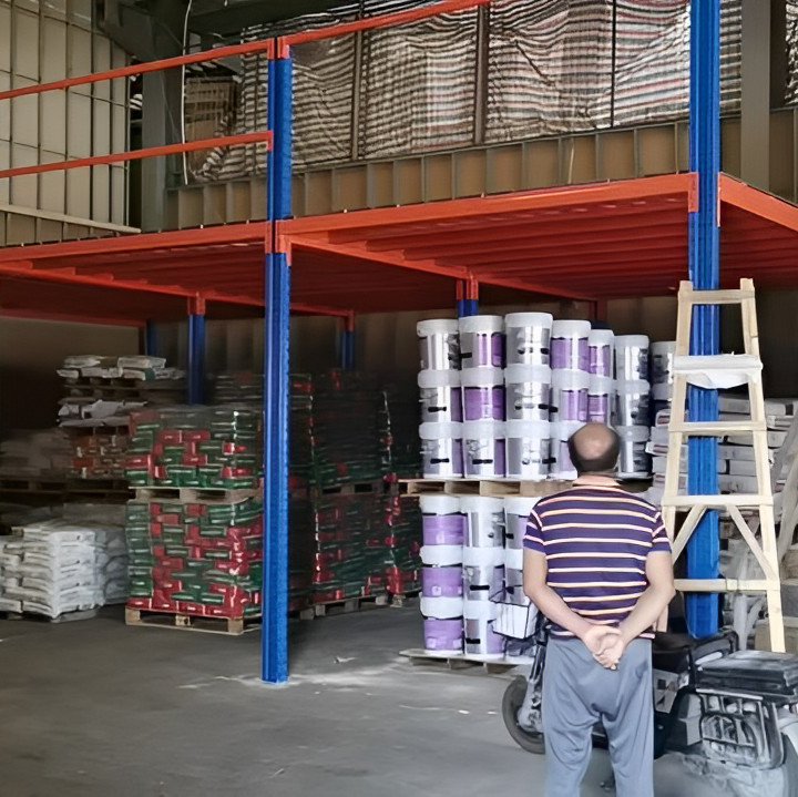 Estante mezanino metálica reforçada e personalizável, montagem sem parafusos, com vários níveis de armazenamento, revestida com pintura eletrostática nas cores azul e laranja.