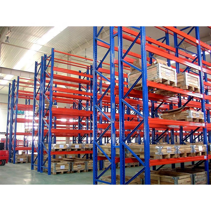 Sistema de estanteria para paletes, armazenamento em armazém, estante industrial de alta resistência para paletes, sistema de estanteria seletiva para armazéns com corredores estreitos.